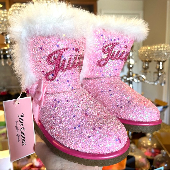 JUICY COUTURE Lil Yorba Linda Toddler Girls Ankle Boots Pink Bling Faux Fur NEW - Picture 1 of 15